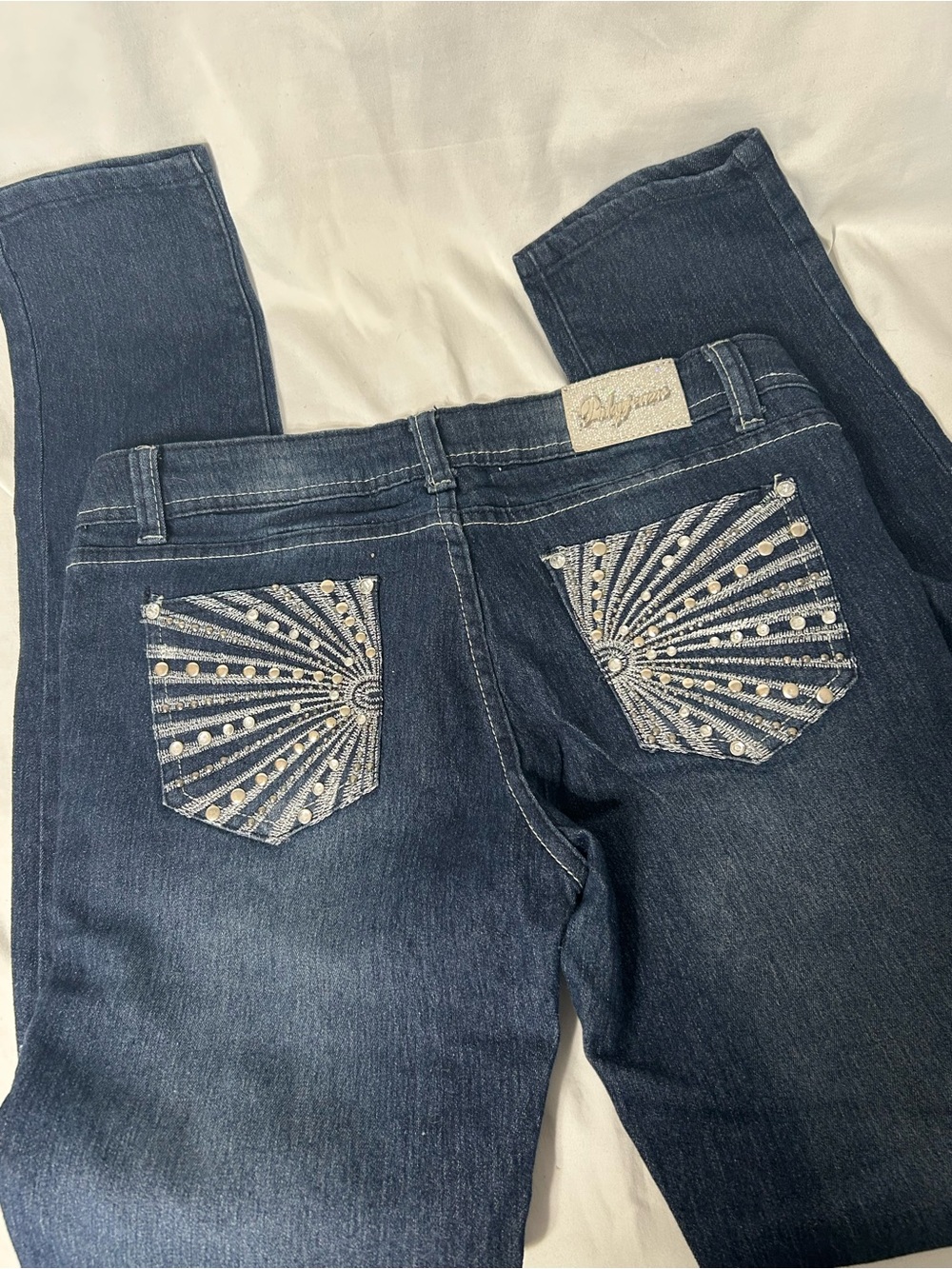 Women’s Dark Blue Straight Leg Jeans with Embellished Sunburst Pockets